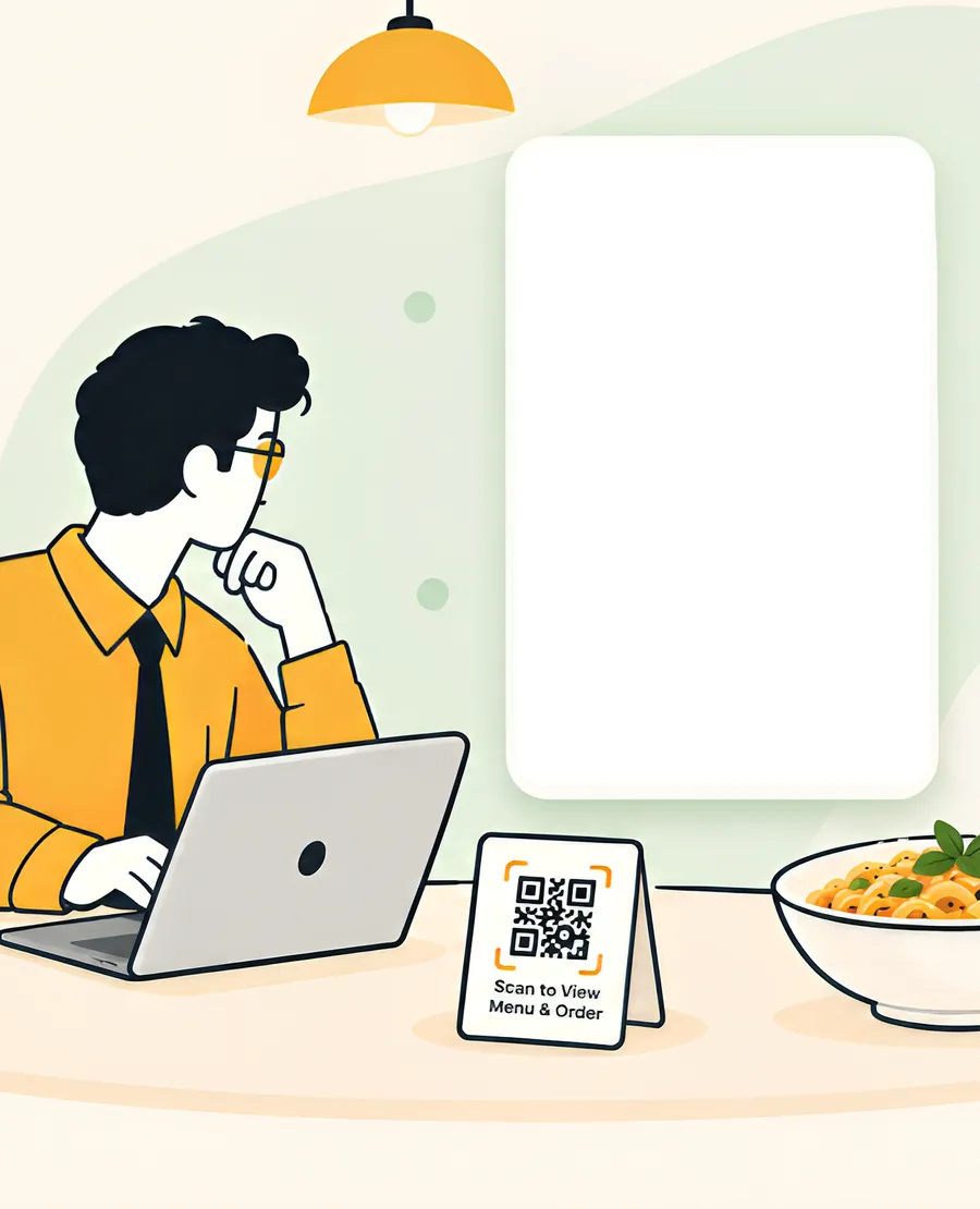 A restaurant owner at the counter with a laptop, a QR stand and a phone showing the QRSeva ordering screen